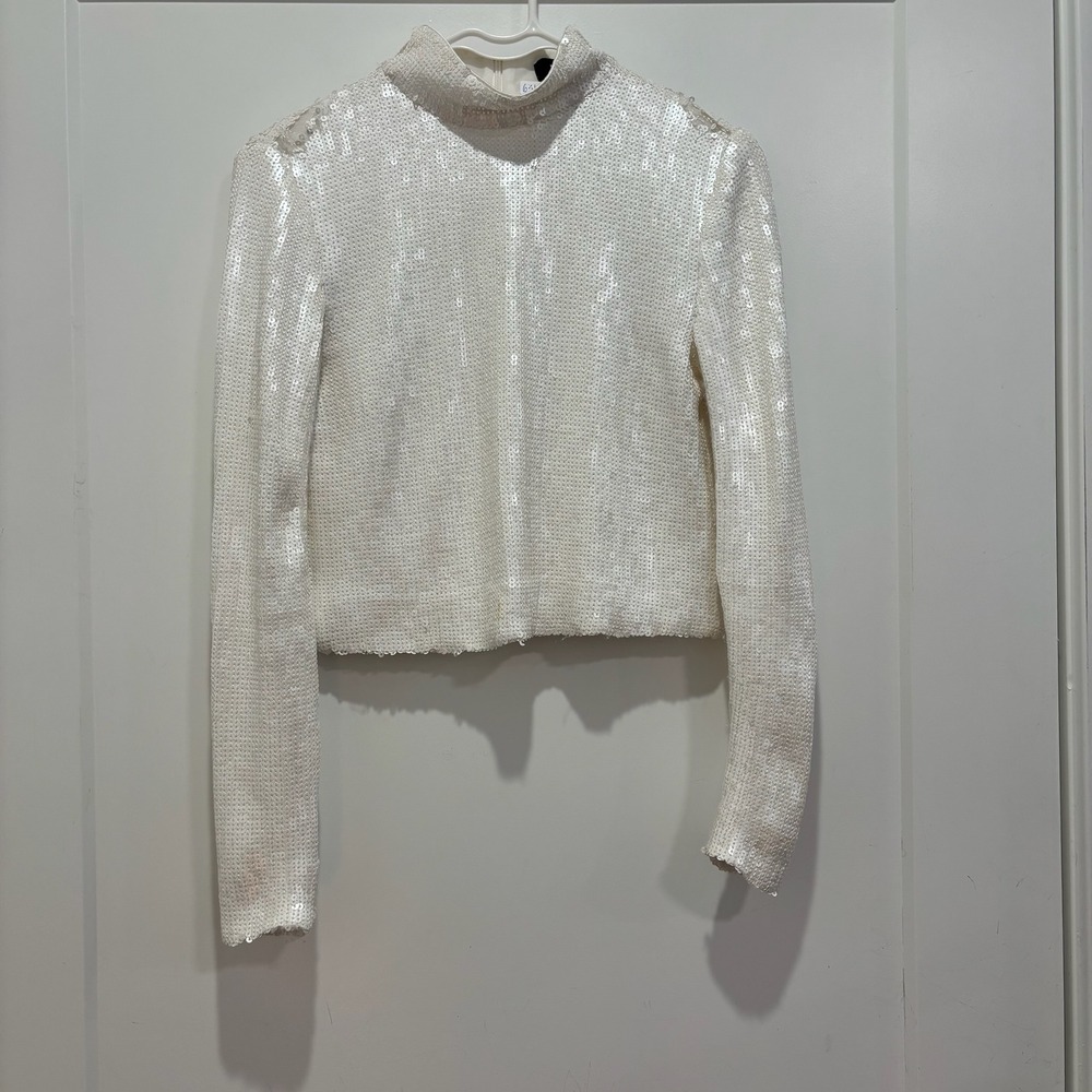 ME+EM White Sequin High Neck Cropped Long Sleeve Top‎ AW25JT435 US 2
